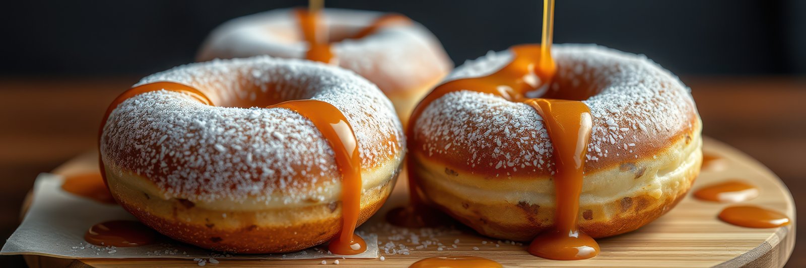 Deliciously glazed donuts topped with caramel sauce and powdered sugar on a wooden platter